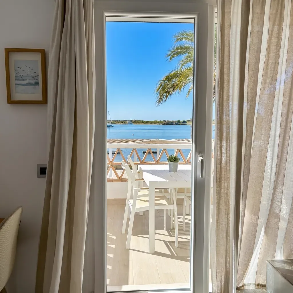 Puerta de la terraza con vistas a la ría y palmeras del dúplex grande en El Rompido