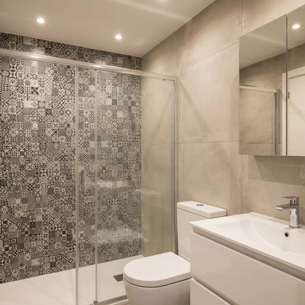 Baño completo con ducha y azulejos hidráulicos de la planta baja en El Rompido