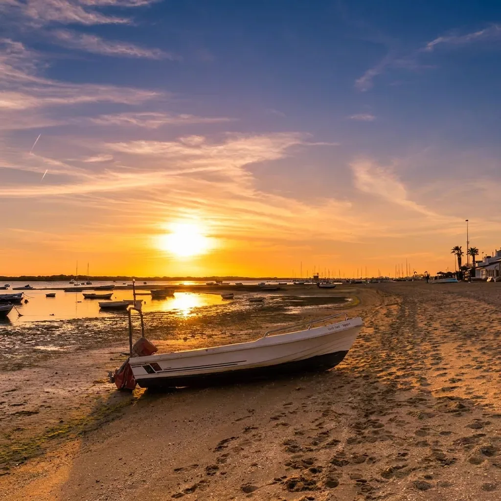 Barca en la orilla de la playa de El Rompido al amanecer