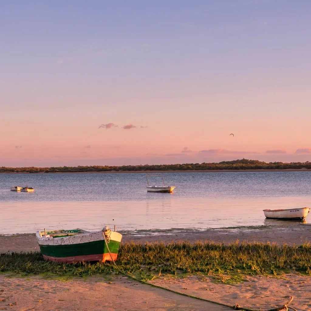 Barcas en la orilla de la ría de El Rompido al atardecer