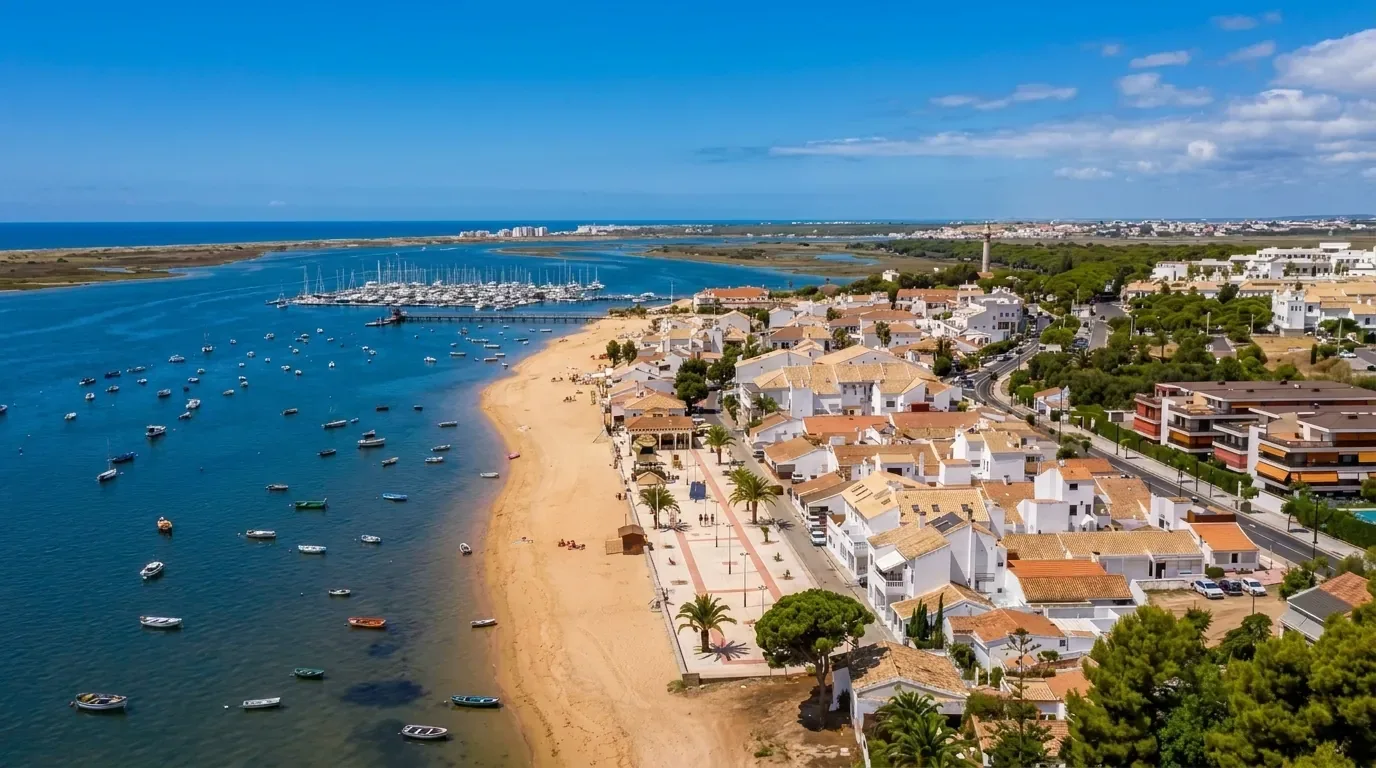 Vista aérea panorámica de El Rompido: paseo marítimo, playa, ría del Piedras y puerto deportivo (Cartaya, Huelva)