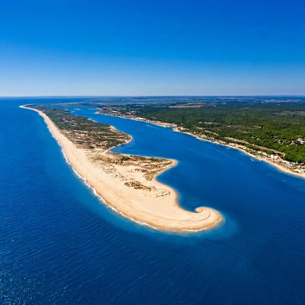 Vista aérea de la Flecha de El Rompido, lengua de arena en la desembocadura de la ría del Piedras (Huelva)