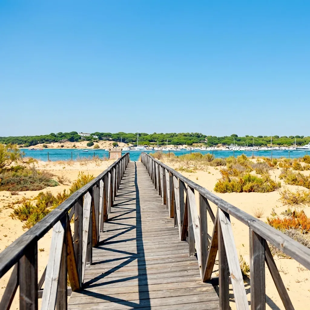 Pasarela de madera hacia la playa entre las dunas de El Rompido