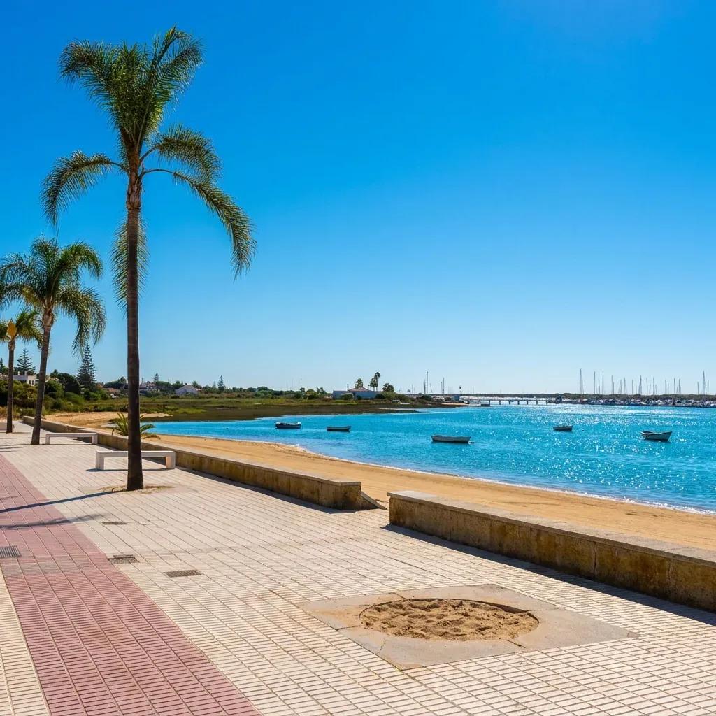 Playa junto al paseo marítimo de El Rompido con la ría del Piedras al fondo