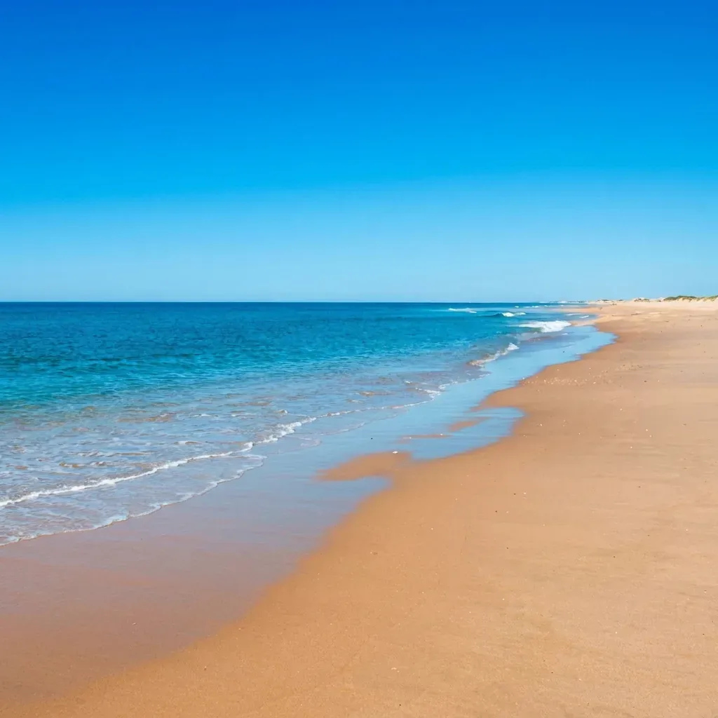 Playa virgen de arena dorada y mar turquesa en El Rompido (Nueva Umbría), Costa de la Luz, Huelva